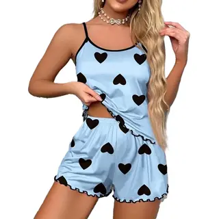 Cheaperito Satijnen Pyjama Met Hartjesprint, I Sexy Pyjama I Sexy Ondergoed I 2-Delig I Top & Broekje I Blauw I Maat L