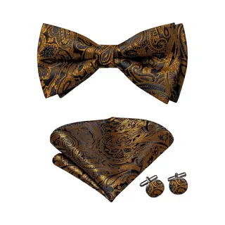 Sorprese Vlinderdas Inclusief Pochet En Manchetknopen - 100% Zijden - Paisley - Zwart/goud - Vlinderstrik - Strik - Pochette - Heren - Vlinderdassen