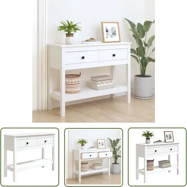 VidaXL Bijzettafel - Wandtafel - Wandtafel 100x35x75 Cm Massief Grenenhout Wit - Salontafel - Grenoble Hout - Vintage thumbnail