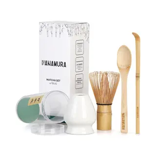 Hanamura Matcha Set 4-delig - Matcha Klopper – Matcha Starterkit Van Bamboe – Inclusief Opbergcase, Matcha Whisk, Matcha Lepel & Klopperhouder