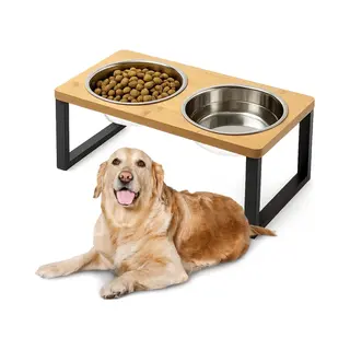 Lomera Dubbele Voerbak - Voerbak Voor Huisdieren - Kleine Honden Voerbak - Roestvrijstalen Voerbakken - Bamboe Standaard - Waterafstotende Standaard -