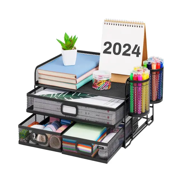 Botc Bureau Organizer - Xxl 5 In 1 Brievenbak - Pennenkoker - 32.5x23.5x17.5CM - Met Lade - Pennenhouder - Pennenbakje Hout/Fineer - Metaal - Zwart thumbnail