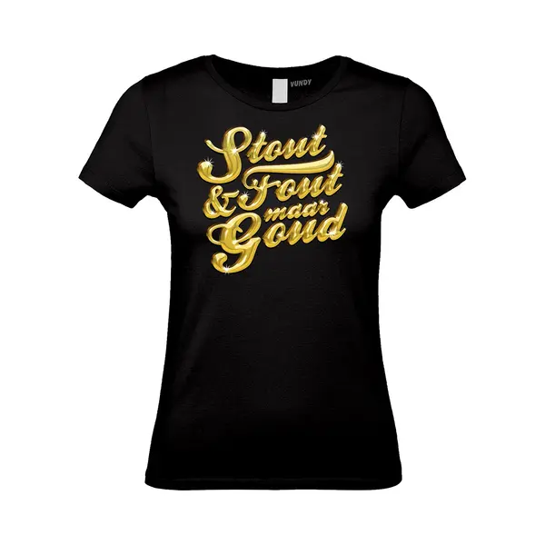 Vundy Dames T-shirt Tekst Stout & Fout Maar Goud | Toppers In Concert 2025 | Stout & Fout Maar Goud | Foute Party Shirt | Zwart Dames | Maat L thumbnail