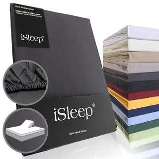 ISleep Perkal Split-Topper Hoeslaken - 100% Perkal Katoen - Rondom Elastiek - Litsjumeaux - 180x210 Cm - Antraciet
