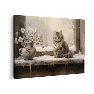 Artaza Canvas Schilderij Kat Bij Het Raam In De Winter - Kerst - 120x80 - Groot - Foto Op Canvas - Wanddecoratie Woonkamer