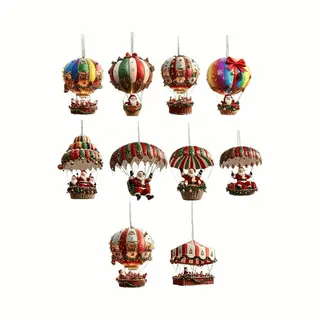 Without Lemon - Set Van 10 - Kerstman Luchtballon Ornament - Kerst Hangers - Kerst Versieringen - Kerstboom Versiering - 2D/Plaat - Hout