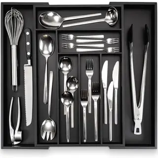 Budu Cutlery Tray #47 (Depth 47 Cm) Made Of Bamboo - Black - Drawer Organiser System For The Kitchen - Cutlery Tray For Bamboo Drawers - Extendable -