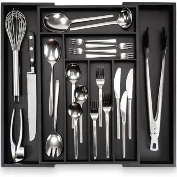 Budu Cutlery Tray #47 (Depth 47 Cm) Made Of Bamboo - Black - Drawer Organiser System For The Kitchen - Cutlery Tray For Bamboo Drawers - Extendable - thumbnail