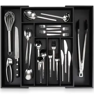 Budu Cutlery Tray #50 (Depth 50 Cm) Made Of Bamboo - Black - Drawer Organiser System For The Kitchen - Cutlery Tray For Bamboo Drawers - Extendable -