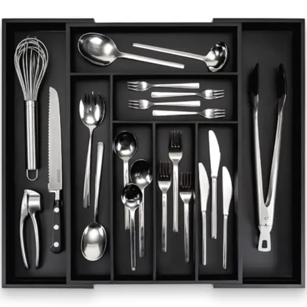 Budu Extendable Bamboo Cutlery Tray #50 (50 Cm Tief) - Schwarz - Besteckkassette Holz - Besteckschublade - 50 X 34.1 - 56 Cm - 6/8 Fächer thumbnail