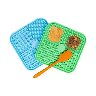 Frummel Likmat Hond - Hondenlikmat - Honden Speelgoed Slowfeeder Voermat Hond - Blauw En Groen Met Spatels - Twee Stuks - 2x
