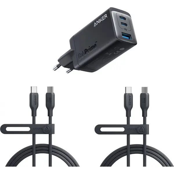 Anker 735 (GaNPrime 65 W) Usb-C-oplader + 2-pack Anker 544 Bio-Based (140W) Usb-C Naar Usb-C Kabel 1.8 Meter Zwart thumbnail