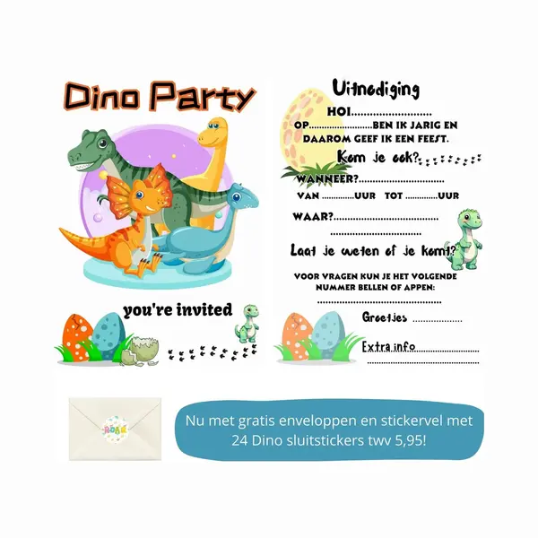 Uitnodiging Kinderfeestje - Kinderfeest - Uitnodigingen - Verjaardag - Inclusief Enveloppen - Eigen Design En Print - Wenskaart - Dino - 16 Stuks - A6 thumbnail