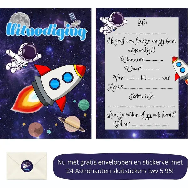 Uitnodiging Kinderfeestje - Kinderfeest - Uitnodigingen - Verjaardag - Inclusief Enveloppen - Eigen Design En Print - Wenskaart - Astronaut - 16 Stuks thumbnail