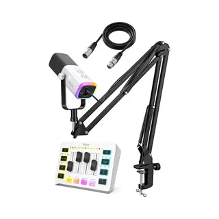 Fifine - Starterspack 2.0 White - AM8T & SC3 - Podcast Starterspack - Gaming Streaming - Incl Xlr Kabel - Usb Rgb Microfoon Met Boom Arm - Streaming