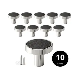 10 X Msqdesign - Kastknop Zilver Zwart (Metaal) - Leer Kastknop Zilver- Leer Deurknoppen Zilver Voor Kasten - Deurknopjes Zilver- Kastknoppen Zilver-