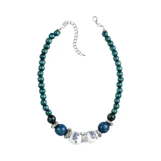 Behave - Ketting Met Houten En Delftsblauwe Kralen - Retro Stijl