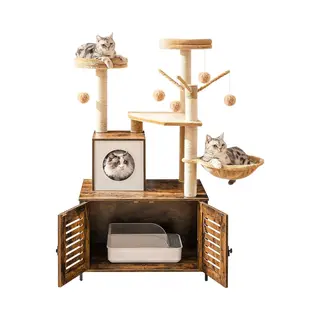 Krabpaal Hout 70x48x132 Cm - 2in1 - Kattenboom Voor Kleine & Grote Katten - Opslag Plek Voor Kattenbak - Kattentoren Met Kat Speelgoed - Met Pluche
