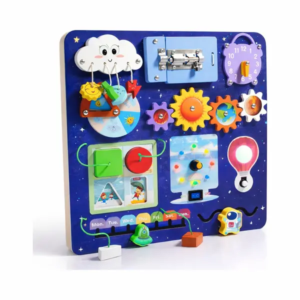 Bolke Busy Board - Montessori Speelgoed - Activiteitenbord - Leerzaam Speelgoed - 1 Tot 3 Jaar - Hout - Ruimte Thema Met Geluid & Lichtjes thumbnail