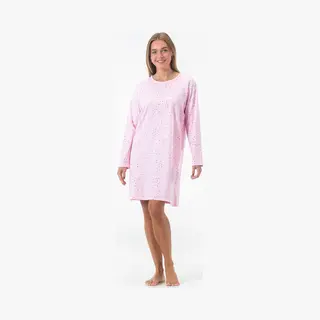 Gaubert Essential Dames Nachthemd Lange Mouw - Premium Gekamd Katoen - All-Over Print Tiny Hearts - Roze - Maat Xl - Gb-6806