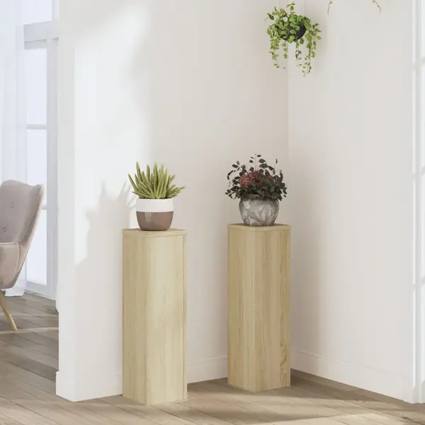 VidaXL Plant Stand Set - Sonoma Oak Engineered Wood - Includes 2 Stable And Durable Planter Pots - 17x17x60 Cm thumbnail