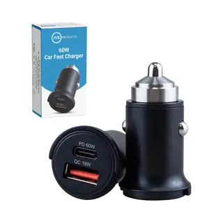 Jvs Products Autolader 60W Usb C & Usb A - Auto Oplader - 2 Poorten - Snellader - Sigarettenaansteker Oplader - Zwart
