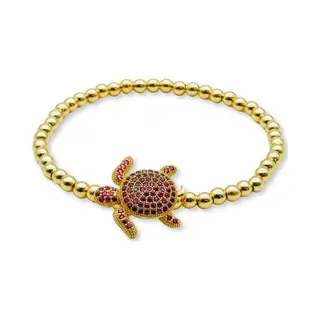 Marama - Armband Schildpadje Roze - Dames - Elastisch - Stainless Steel - Strass Kralen - Gold Plated - Schildpad Bedel