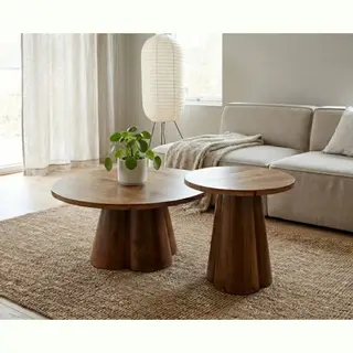 Meubelplaats.nl Salontafel Balou Rond Set Van 2 Mangohout 80x80x42 Cm - Walnoot - Japandi