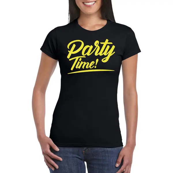 Bellatio Decorations Verkleed T-shirt Voor Dames - Party Time - Zwart - Geel Glitter - Carnaval Xs thumbnail