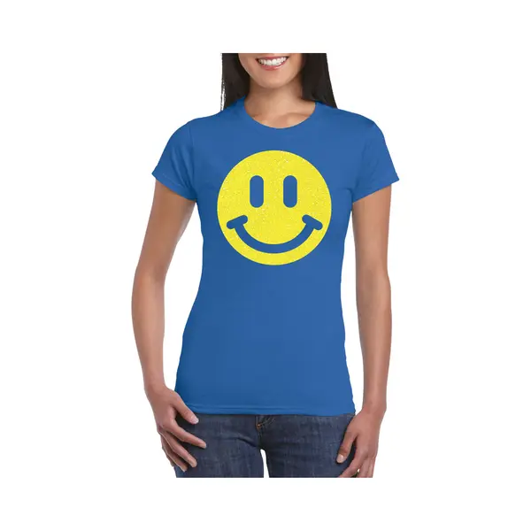 Bellatio Decorations Verkleed Shirt Dames - Smile / Emoticon - Blauw - Carnaval/foute Party - Feestkleding Xxl thumbnail