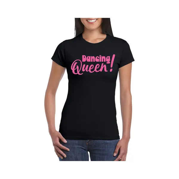 Bellatio Decorations Vrijgezellenfeest T-shirt Dames - Dancing Queen - Zwart - Glitter - Foute Party S thumbnail
