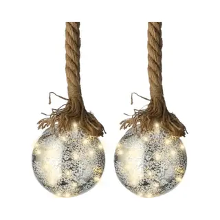 Lumineo Verlichte Kerstballen - 2x - Glas - Aan Touw - D10 Cm - Zilver - 15 Led Lampjes - Warm Wit