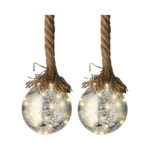 Lumineo Verlichte Kerstballen - 2x - Glas - Aan Touw - D10 Cm - Zilver - 15 Led Lampjes - Warm Wit thumbnail