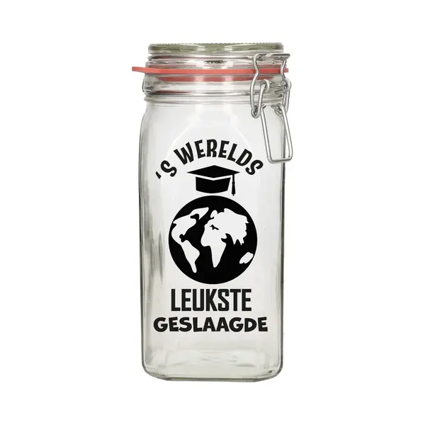 Bellatio Decorations Cadeau Voorraadpot/snoeppot - Geslaagd - Glas - 12 X 7 Cm - 1, 5L - Afgestudeerd thumbnail