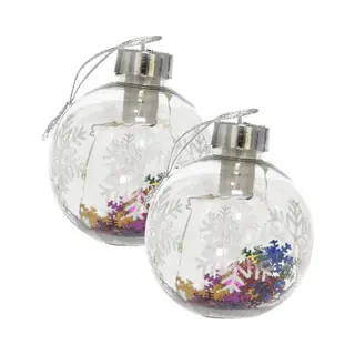 Gerimport Verlichte Kerstballen - 2x - Met Sneeuwvlok Confetti - 8 Cm - Kunststof - 5 Led Lampjes