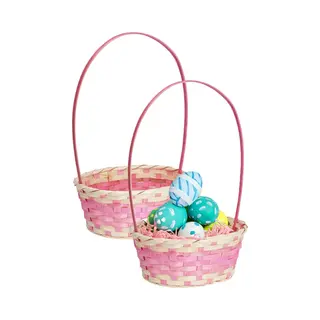 Home & Styling Rieten Mandje Met Hengsel - 2x - Roze - 20 X 38 Cm - Opbergen - Paaseieren Mandje