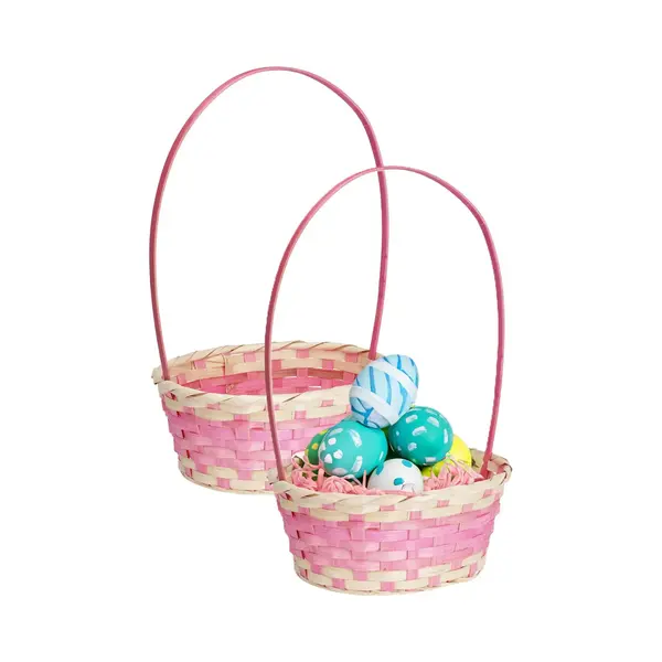 Home & Styling Rieten Mandje Met Hengsel - 2x - Roze - 20 X 38 Cm - Opbergen - Paaseieren Mandje thumbnail