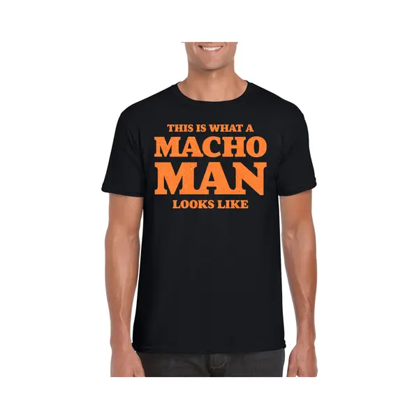 Bellatio Decorations Foute Party T-shirt Voor Heren - Macho Man - Zwart - Glitter Oranje - Themafeest S thumbnail