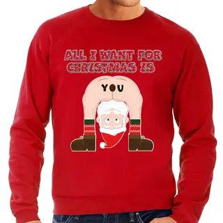Bellatio Decorations Foute Kersttrui / Sweater Voor Heren - All I Want Is - Rood - Blote Kont - Kerstman L