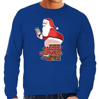 Bellatio Decorations Foute Kersttrui / Sweater - Voor Heren - All I Want Is - Blauw - Blote Kont - Kerstman L