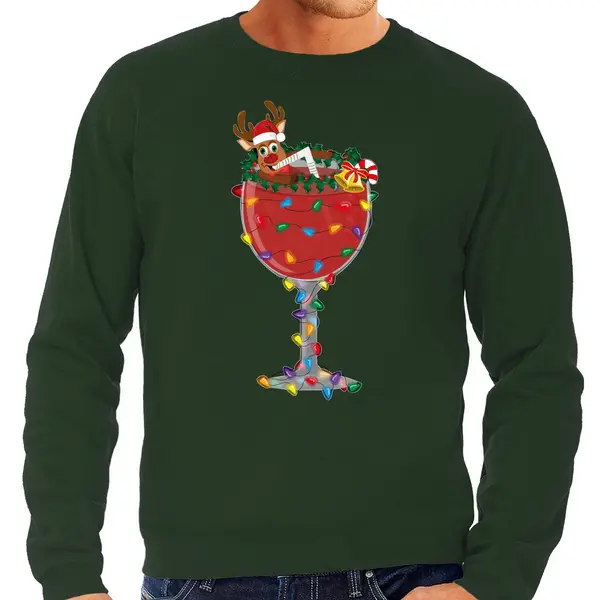 Bellatio Decorations Foute Kersttrui/sweater Voor Heren - Cocktailglas Met Rudolf - Groen M thumbnail