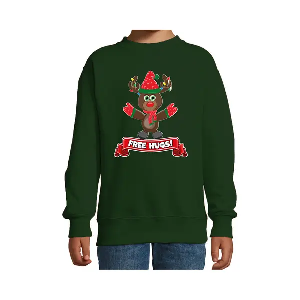 Bellatio Decorations Kersttrui/sweater Voor Jongens/meisjes - Free Hugs - Groen - Kerst Rendier 122/128 thumbnail