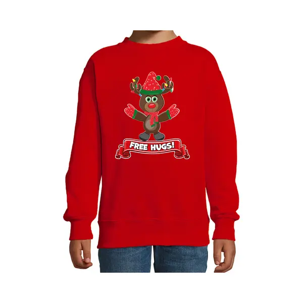 Bellatio Decorations Kersttrui/sweater Voor Jongens/meisjes - Free Hugs - Rood - Kerst Rendier 98/104 thumbnail