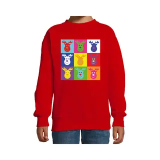 Bellatio Decorations Kersttrui/sweater Voor Jongens/meisjes - Pop Art - Rood - Kerst Rendier 134/146