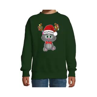 Bellatio Decorations Kersttrui/sweater Voor Jongens/meisjes - Merry Christmas - Groen - Kerst Poesje 152/164