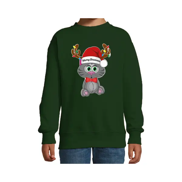 Bellatio Decorations Kersttrui/sweater Voor Jongens/meisjes - Merry Christmas - Groen - Kerst Poesje 152/164 thumbnail