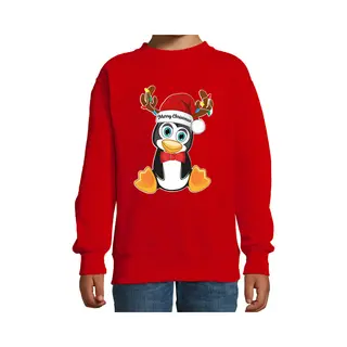 Bellatio Decorations Kersttrui / Sweater Voor Jongens / Meisjes - Merry Christmas - Rood - Kerst Pinguin 170/176