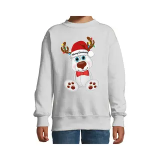 Bellatio Decorations Kersttrui - Sweater - Voor Jongens / Meisjes - Merry Christmas - Grijs - Kerst Ijsbeer 152/164