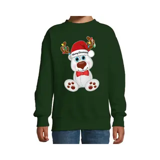 Bellatio Decorations Kersttrui - Sweater - Voor Jongens / Meisjes - Merry Christmas - Groen - Kerst Ijsbeer 98/104