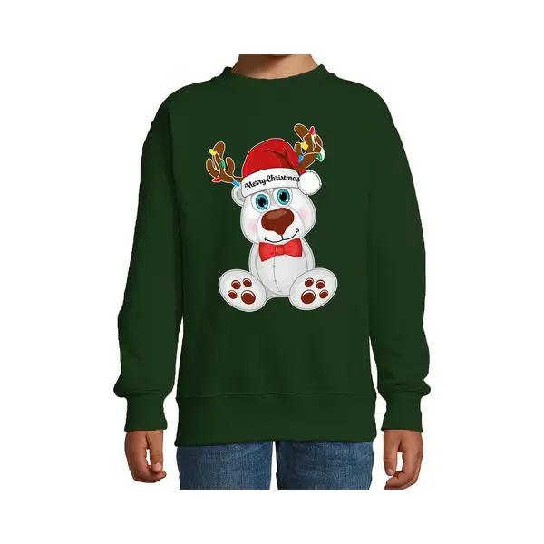 Bellatio Decorations Kersttrui - Sweater - Voor Jongens / Meisjes - Merry Christmas - Groen - Kerst Ijsbeer 110/116 thumbnail